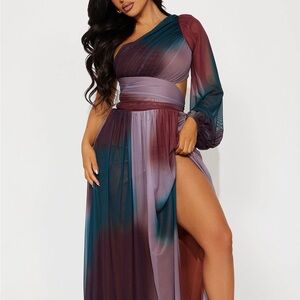 Fashion Nova One-Shoulder Ombre Maxi Dress in Plum Teal Burgundy